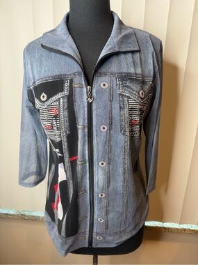 Valentina Signa BK Red Dynamic Lines mesh Sheer mock jacket rhinestones SZ Small